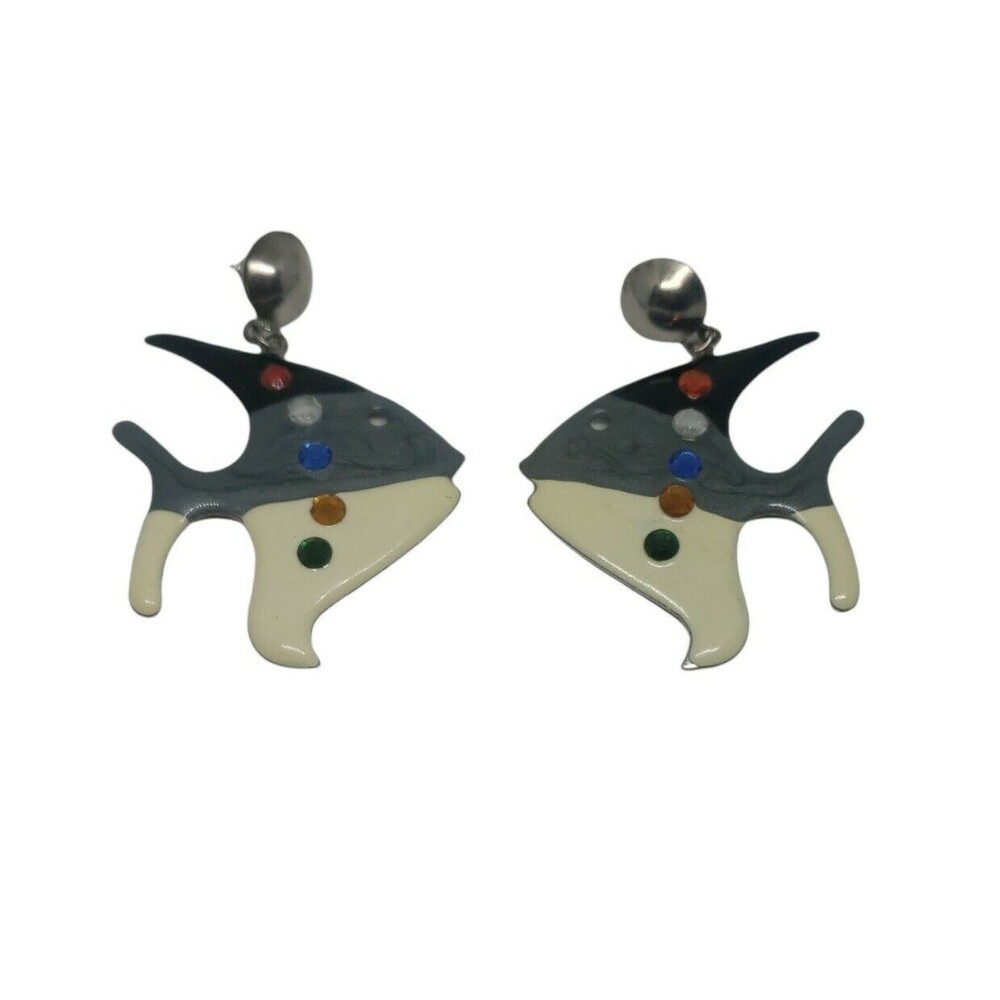 Art Deco Fish Earrings Large Metal Tricolor Rhinestone Drop Black Grey White